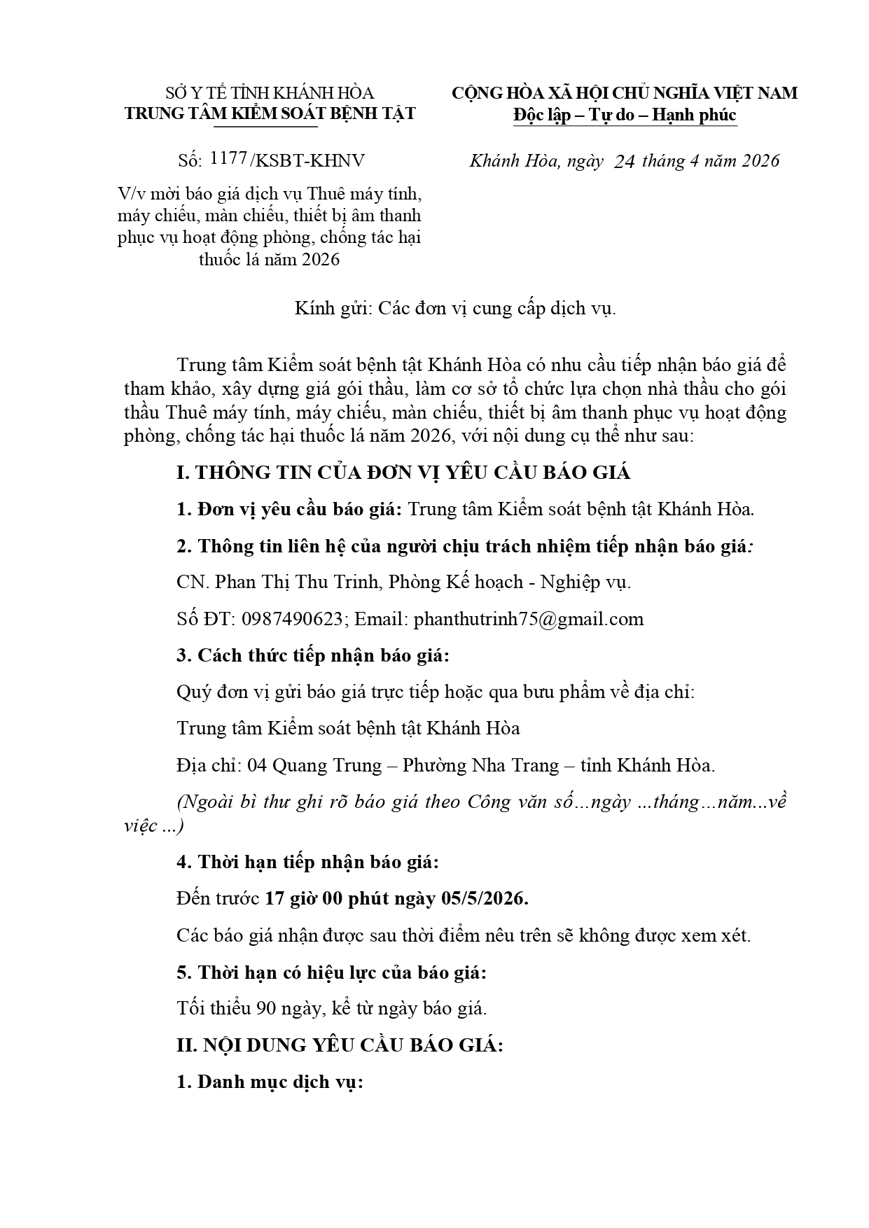 V/v mời báo giá dịch vụ Thuê máy tính,  máy chiếu, màn chiếu, thiết bị âm thanh  phục vụ hoạt động phòng, chống tác hại  thuốc lá năm 2026 